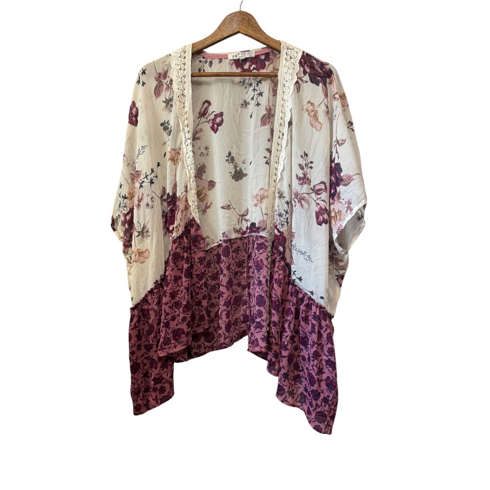 Jolt Kimono Cardigan Womens 0X Cream Burgundy Floral Lace Open Front Excellent